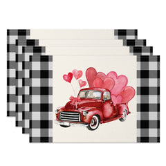 Aperturee - Aperturee Red Truck Hearts Valentines Day Set Of 4 Placemats