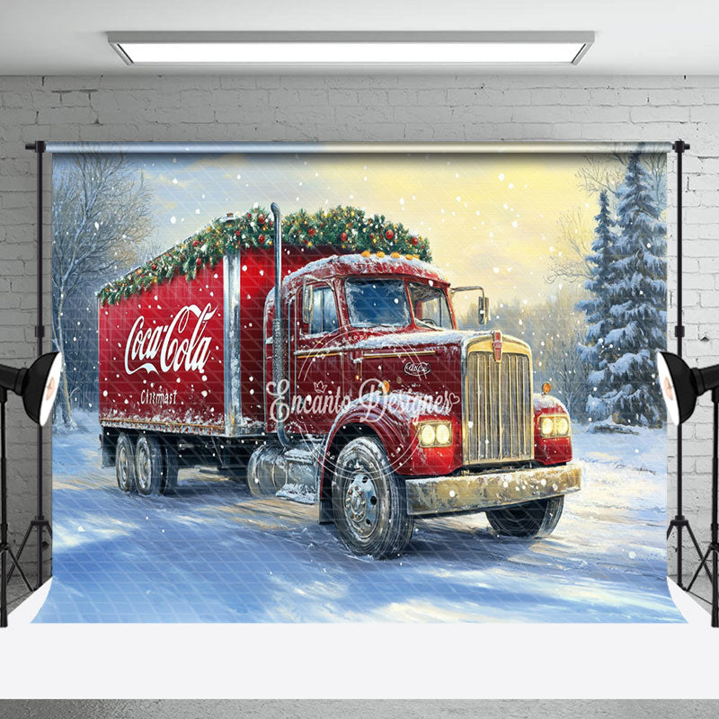 Aperturee - Aperturee Red Truck Leaf Snowy Field Christmas Photo Backdrop