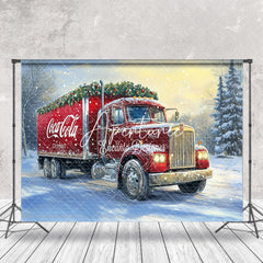 Aperturee - Aperturee Red Truck Leaf Snowy Field Christmas Photo Backdrop