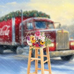 Aperturee - Aperturee Red Truck Leaf Snowy Field Christmas Photo Backdrop