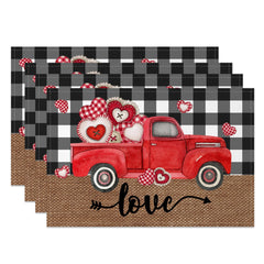 Aperturee - Aperturee Red Truck Plaid Valentines Day Set Of 4 Placemats