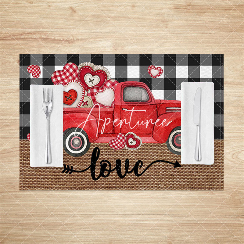 Aperturee - Aperturee Red Truck Plaid Valentines Day Set Of 4 Placemats