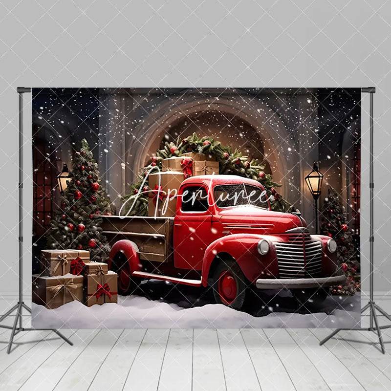 Aperturee - Aperturee Red Truck Pulling Christmas Presents Photo Backdrop