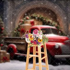 Aperturee - Aperturee Red Truck Pulling Christmas Presents Photo Backdrop