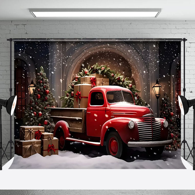 Aperturee - Aperturee Red Truck Pulling Christmas Presents Photo Backdrop