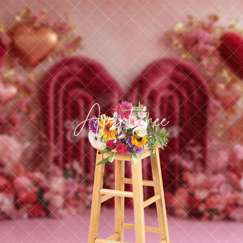 Aperturee - Aperturee Red Velvet Arch Floral Love Valentines Day Backdrop