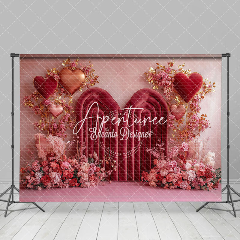 Aperturee - Aperturee Red Velvet Arch Floral Love Valentines Day Backdrop