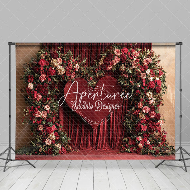 Aperturee - Aperturee Red Velvet Curtain Heart Floral Romantic Backdrop