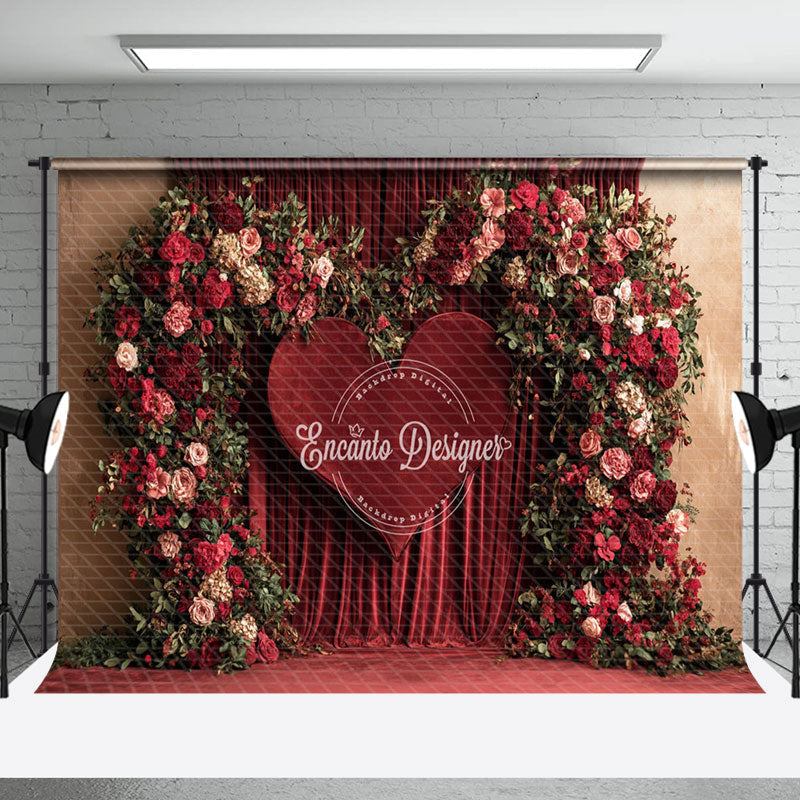 Aperturee - Aperturee Red Velvet Curtain Heart Floral Romantic Backdrop