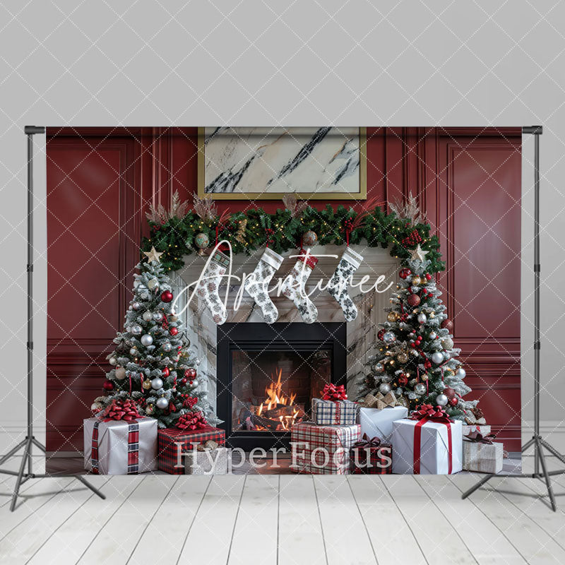 Aperturee - Aperturee Red Vintage Wall Fireplace Christmas Vibe Backdrop