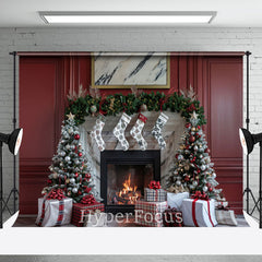 Aperturee - Aperturee Red Vintage Wall Fireplace Christmas Vibe Backdrop