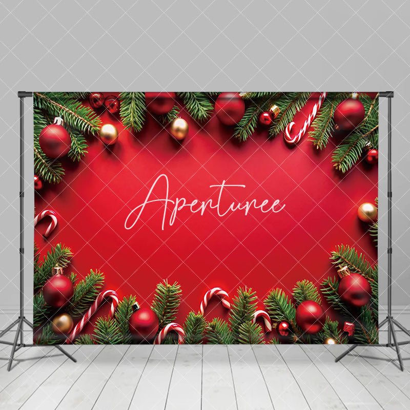 Aperturee - Aperturee Red Wall Pine Leaves Bells Christmas Vibe Backdrop