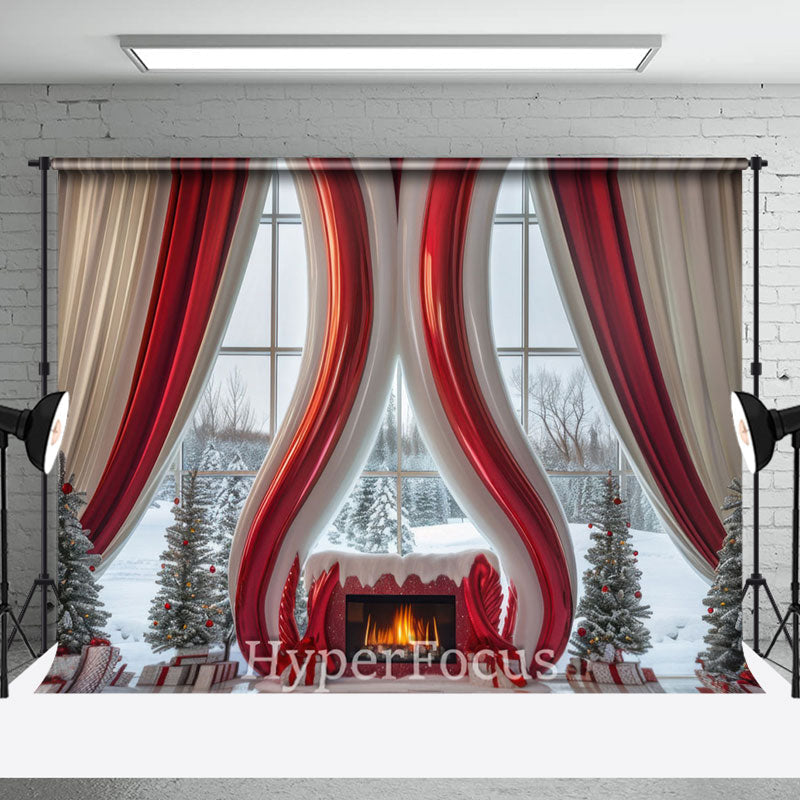 Aperturee - Aperturee Red White Abstract Fireplace Curtain Window Backdrop