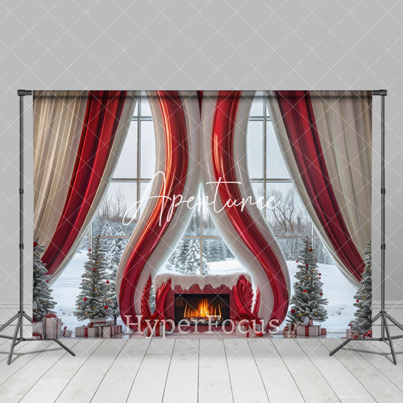 Aperturee - Aperturee Red White Abstract Fireplace Curtain Window Backdrop