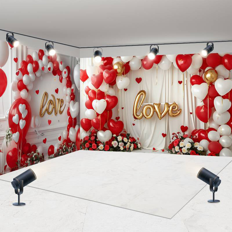 Aperturee - Aperturee Red White Balloons Valentines Day Room Set Backdrop