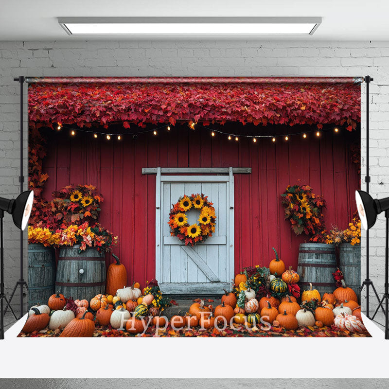 Aperturee - Aperturee Red White Barn Wreath Maple Leaves Autumn Backdrop