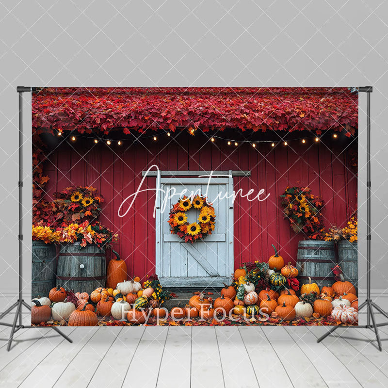 Aperturee - Aperturee Red White Barn Wreath Maple Leaves Autumn Backdrop