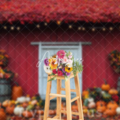 Aperturee - Aperturee Red White Barn Wreath Maple Leaves Autumn Backdrop