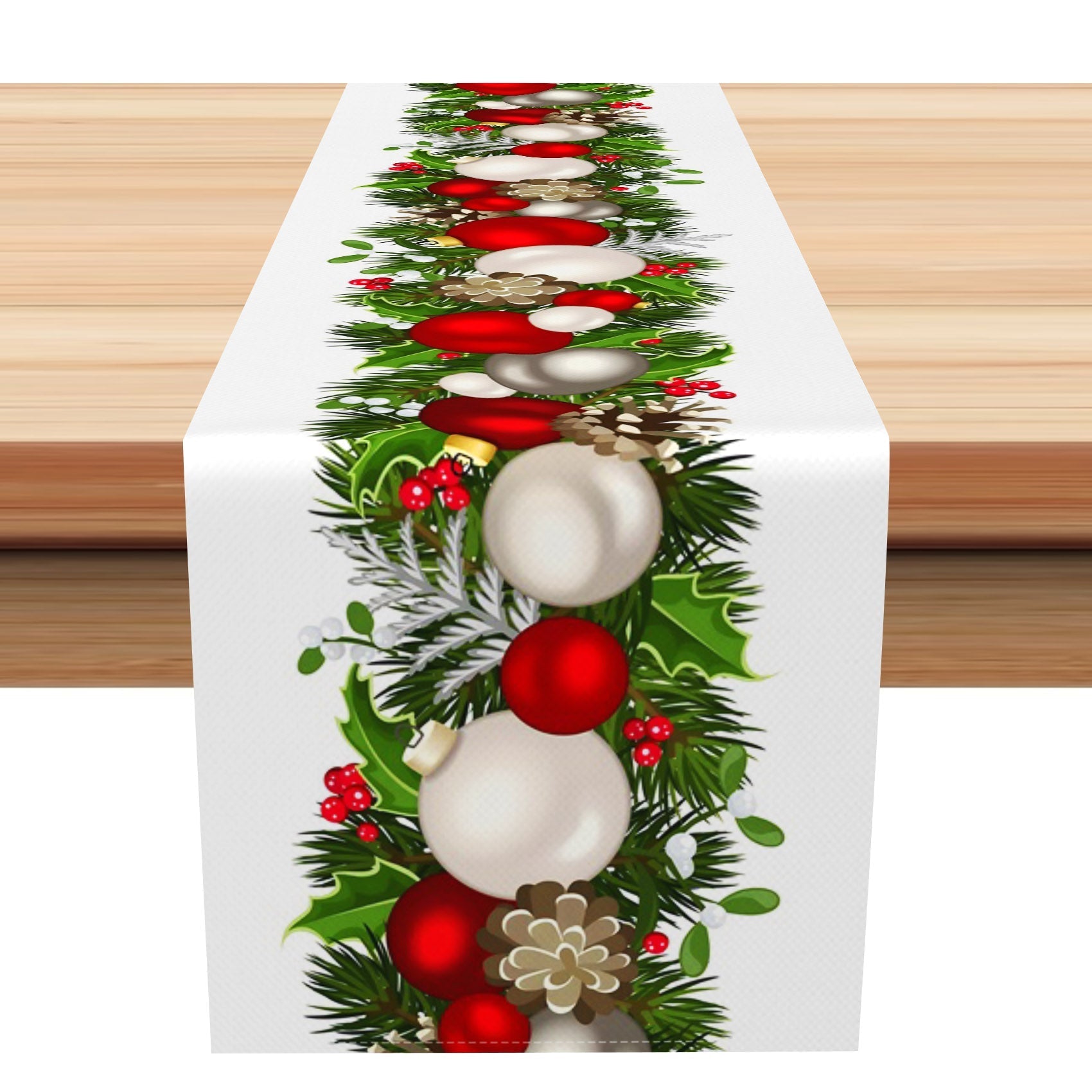 Aperturee - Aperturee Red White Bauble Pine Leaves Christmas Table Runner