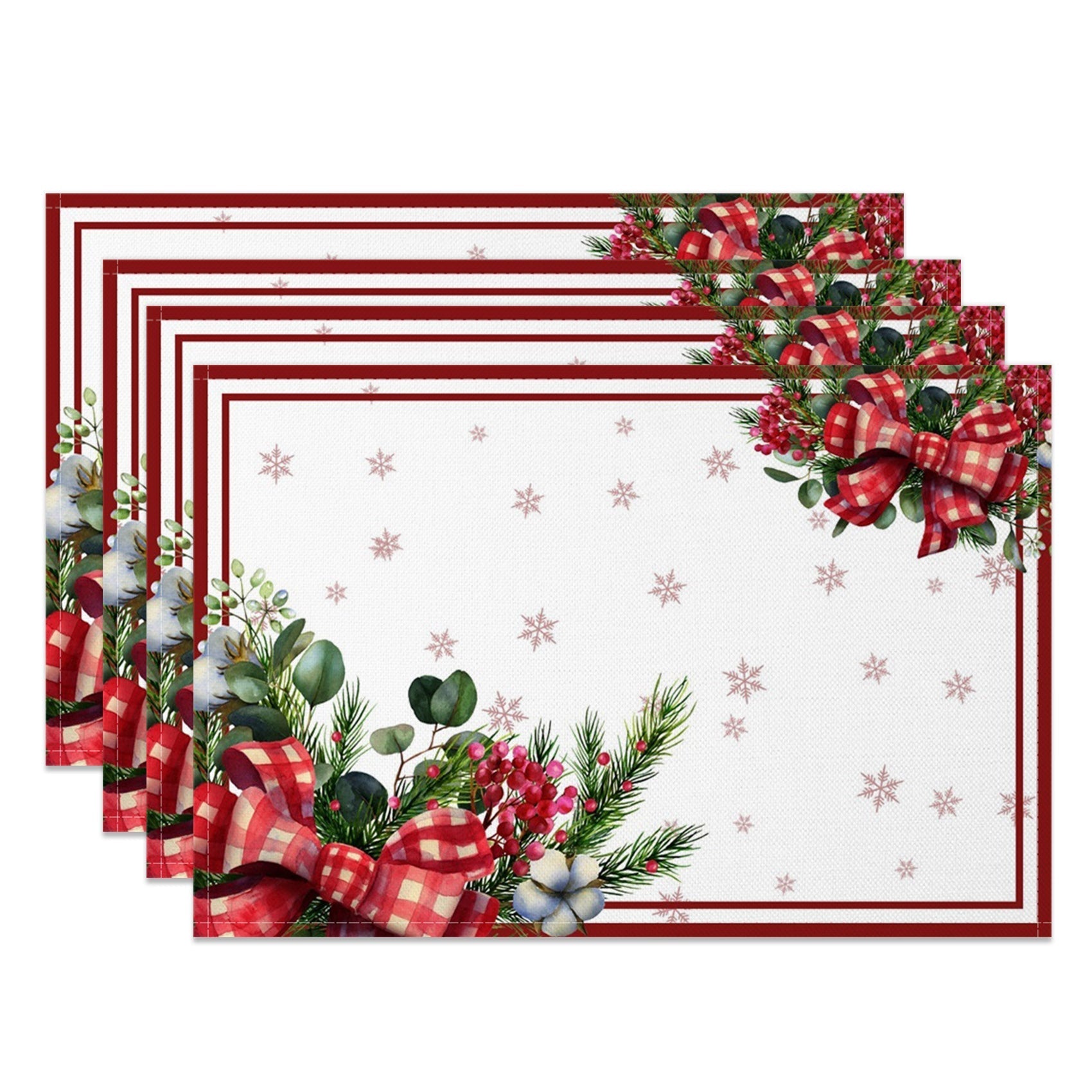 Aperturee - Aperturee Red White Bow Tie Leaf Christmas Set Of 4 Placemats