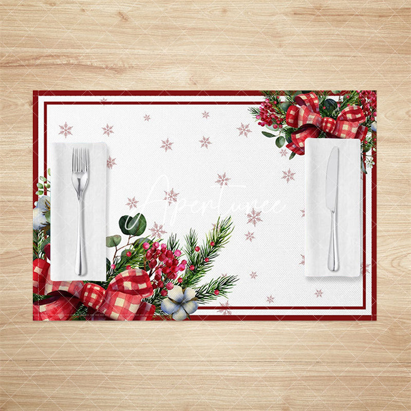 Aperturee - Aperturee Red White Bow Tie Leaf Christmas Set Of 4 Placemats