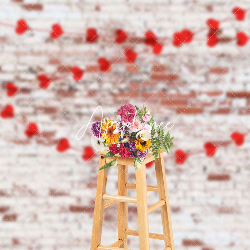 Aperturee - Aperturee Red White Bricks Wall Heart Valentines Day Backdrop