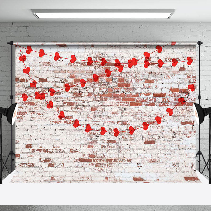 Aperturee - Aperturee Red White Bricks Wall Heart Valentines Day Backdrop