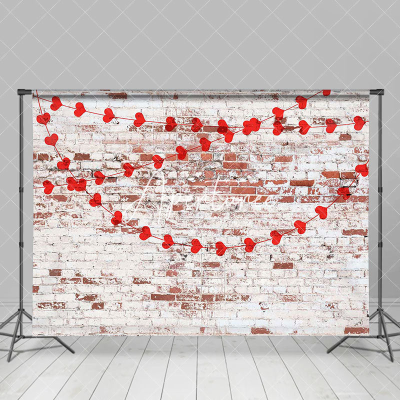 Aperturee - Aperturee Red White Bricks Wall Heart Valentines Day Backdrop