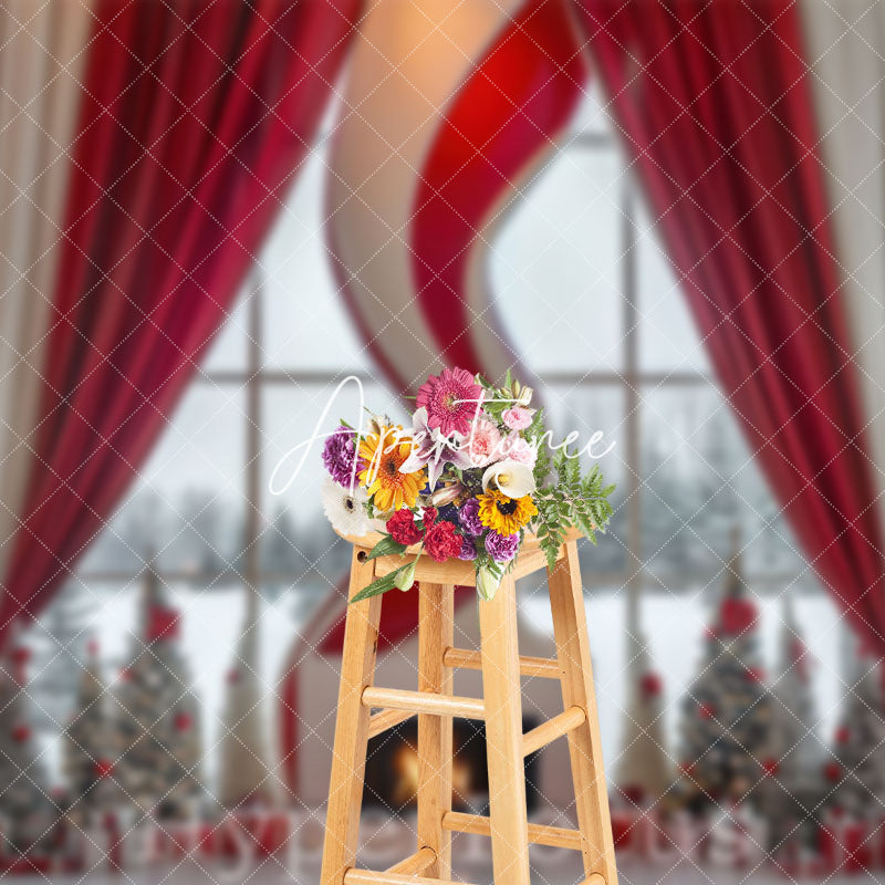 Aperturee - Aperturee Red White Curtain Fireplace Window Christmas Backdrop