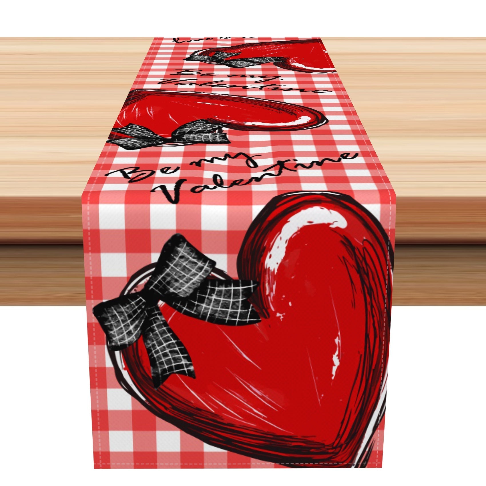 Aperturee - Aperturee Red White Plaid Heart Be My Valentine Table Runner