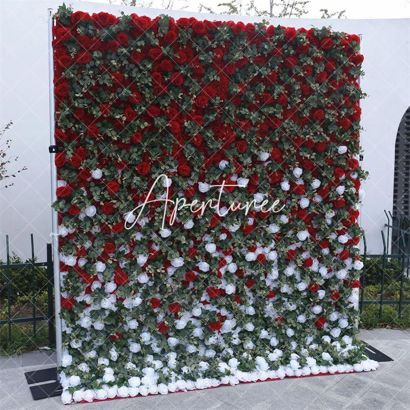 Aperturee - Aperturee Red White Rose Leaves Faux Flowel Wall Wedding Decor