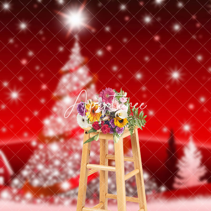 Aperturee - Aperturee Red White Snow Christmas Tree Xmas Party Backdrop