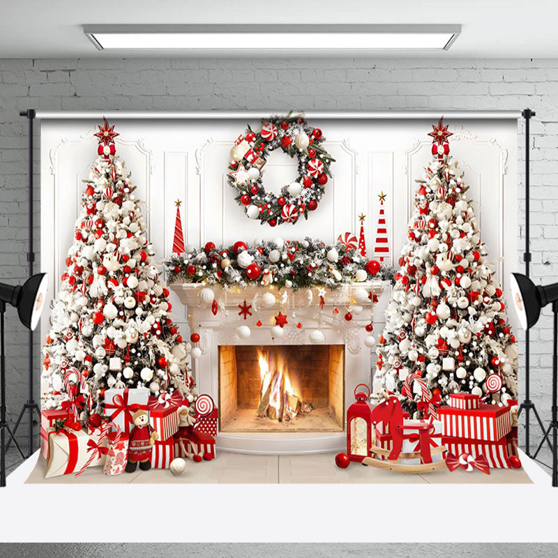 Aperturee - Aperturee Red White Wreath Tree Fireplace Christmas Backdrop