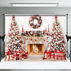 Aperturee - Aperturee Red White Wreath Tree Fireplace Christmas Backdrop