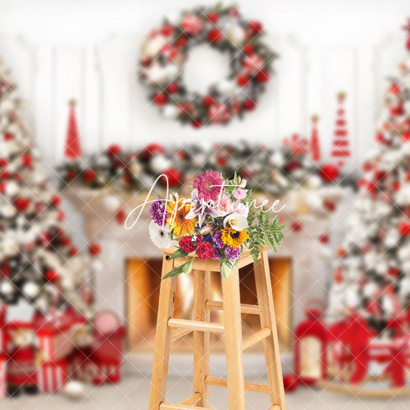 Aperturee - Aperturee Red White Wreath Tree Fireplace Christmas Backdrop