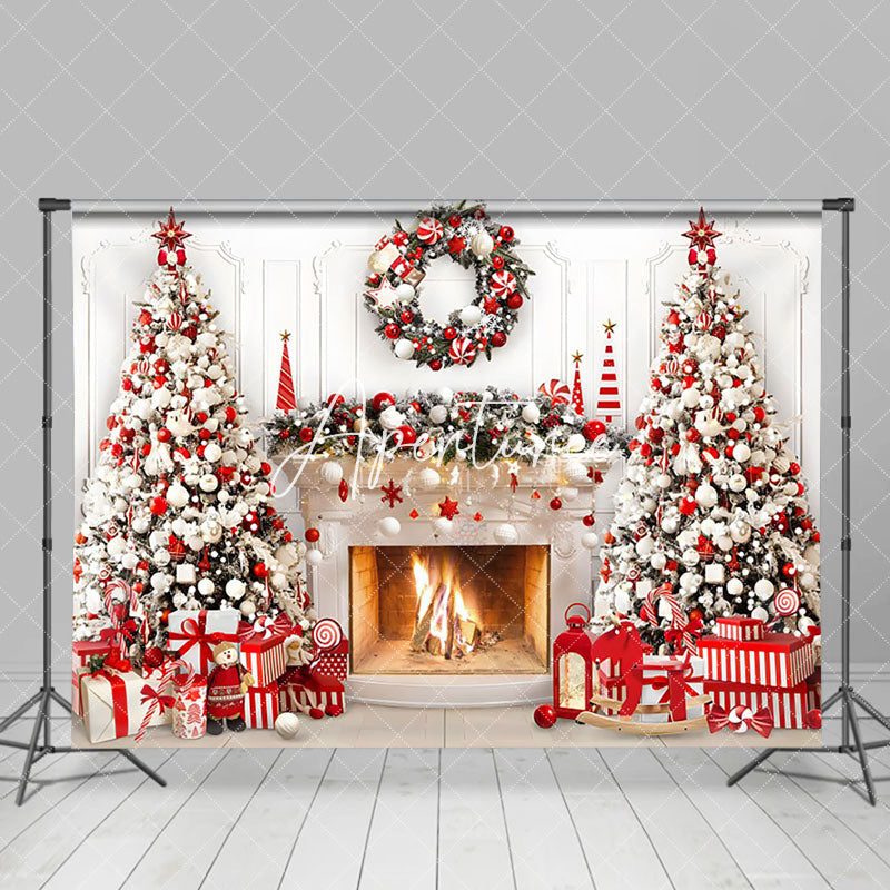 Aperturee - Aperturee Red White Wreath Tree Fireplace Christmas Backdrop