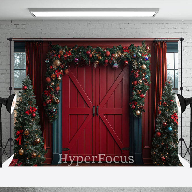 Aperturee - Aperturee Red Wood Door Festive Christmas Vibe Photo Backdrop