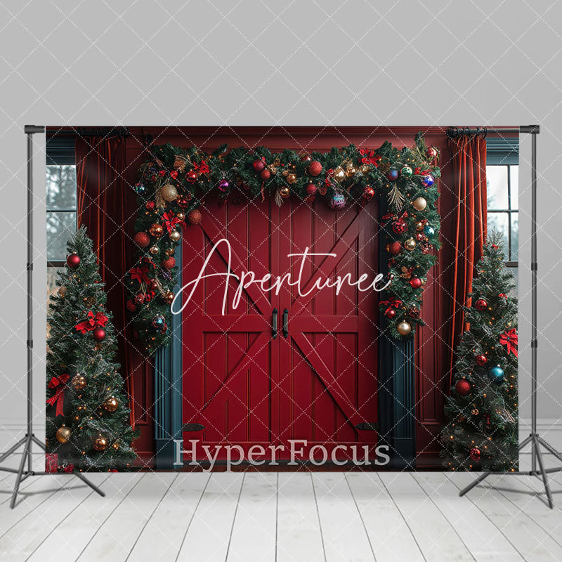 Aperturee - Aperturee Red Wood Door Festive Christmas Vibe Photo Backdrop