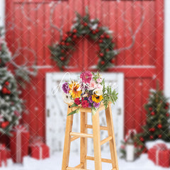 Aperturee - Aperturee Red Wood Wall Door Wreath Snow Christmas Backdrop