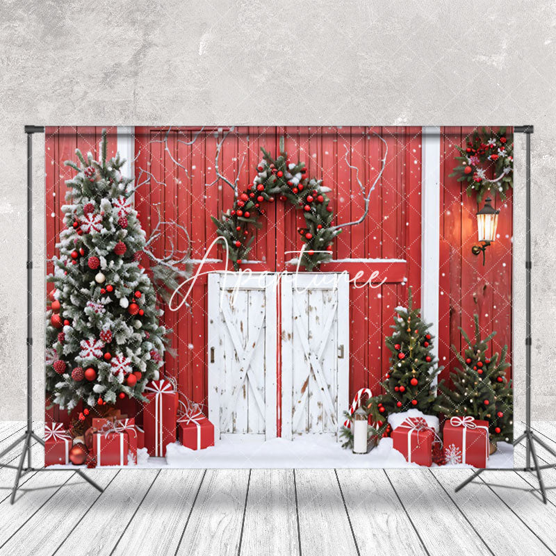 Aperturee - Aperturee Red Wood Wall Door Wreath Snow Christmas Backdrop