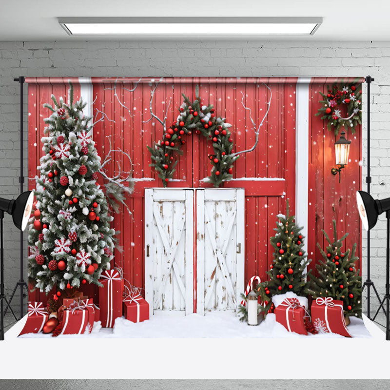 Aperturee - Aperturee Red Wood Wall Door Wreath Snow Christmas Backdrop