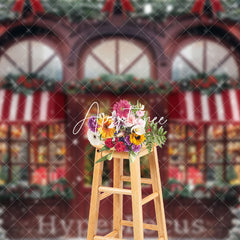 Aperturee - Aperturee Red Wooden Lit Store Snowy Festive Christmas Backdrop