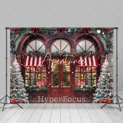 Aperturee - Aperturee Red Wooden Lit Store Snowy Festive Christmas Backdrop