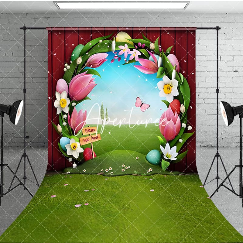 Aperturee - Aperturee Red Wooden Wall Greenery Field Floral Easter Backdrop