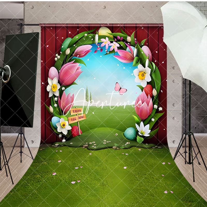 Aperturee - Aperturee Red Wooden Wall Greenery Field Floral Easter Backdrop