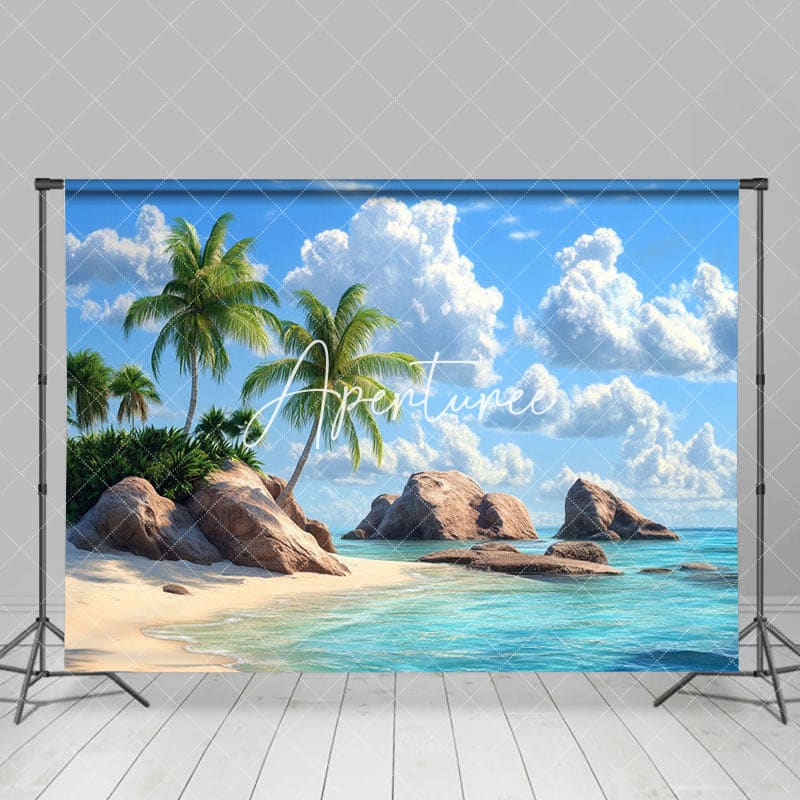 Aperturee - Aperturee Relaxing Tropical Beach Scene Palms Rocks Backdrop