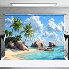 Aperturee - Aperturee Relaxing Tropical Beach Scene Palms Rocks Backdrop