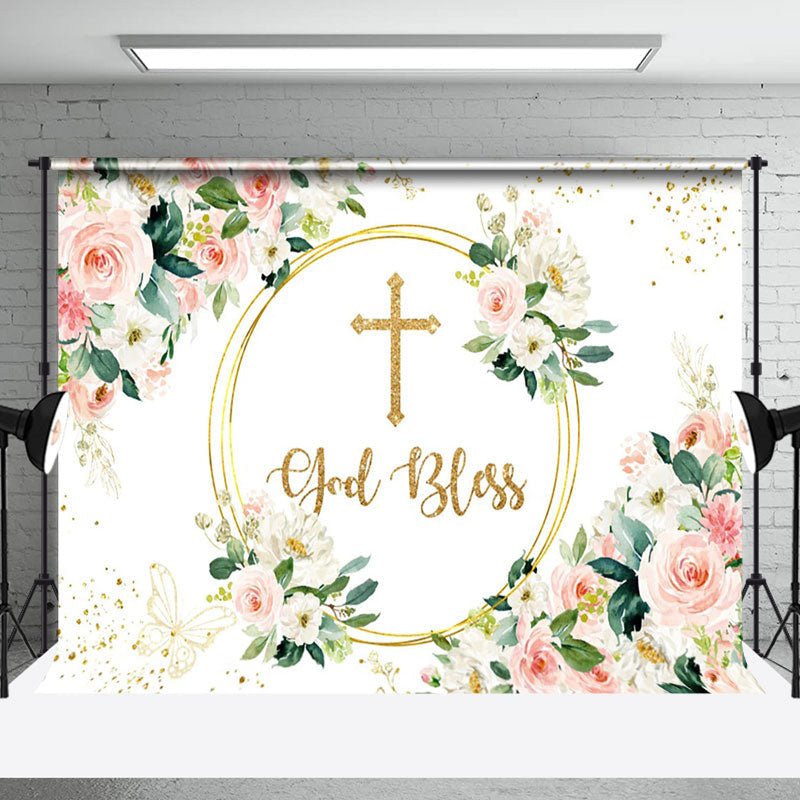 Aperturee - Aperturee Religious Blessing Cross Flowers Decorative Backdrop