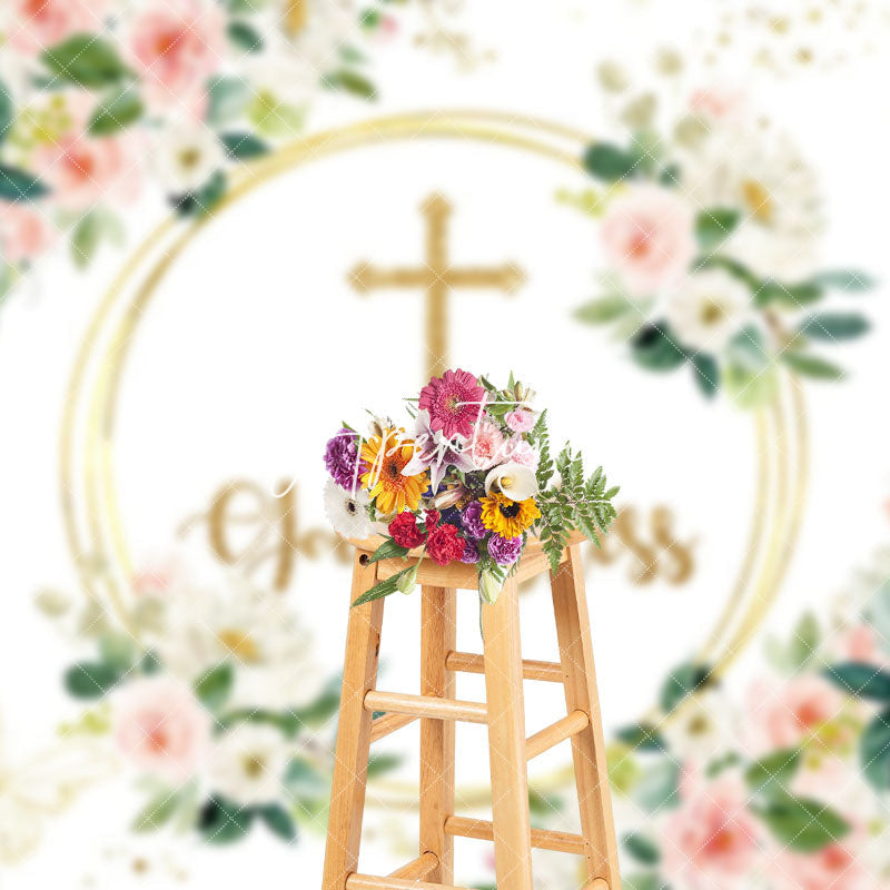 Aperturee - Aperturee Religious Blessing Cross Flowers Decorative Backdrop