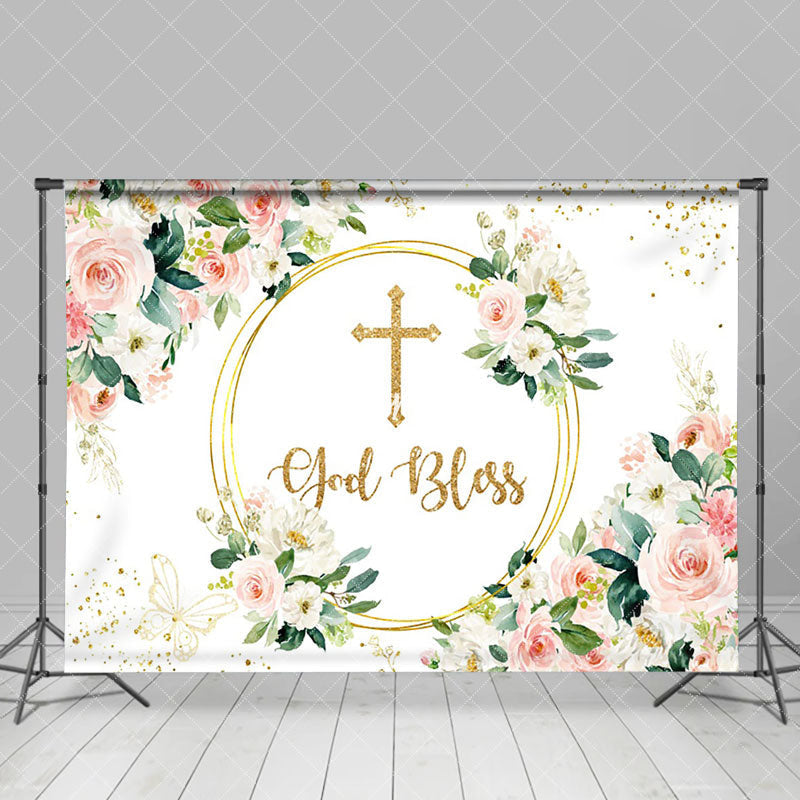 Aperturee - Aperturee Religious Blessing Cross Flowers Decorative Backdrop